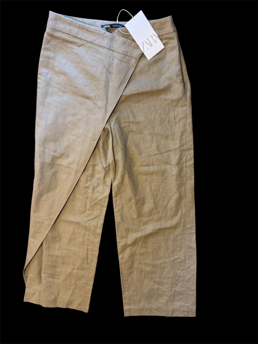 ZARA women linen olive green Wrap-Front  Pants size S brand new
